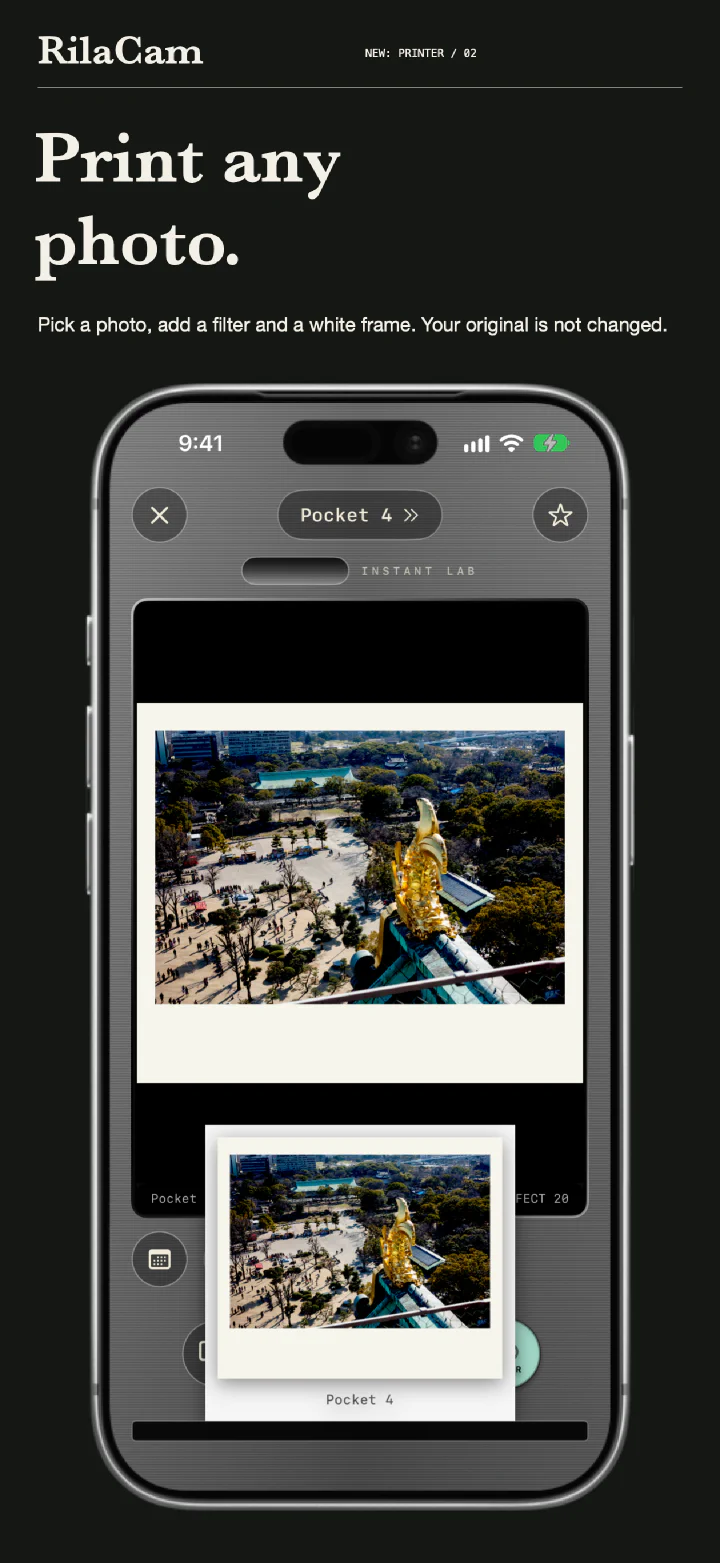 RilaCam Printer: a castle photo in Pocket 4 slides out as a print with a white frame