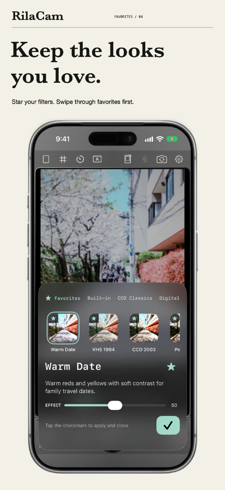 Filter picker on the Favorites tab: starred Warm Date, VHS 1994, and CCD 2003, with the effect slider