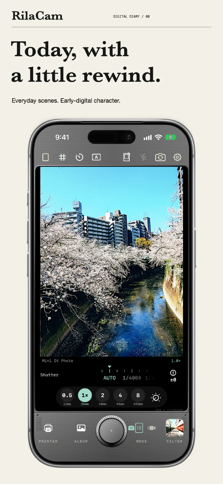 Digital Diary: a cherry-blossom river in Mini DV Photo on the camera screen