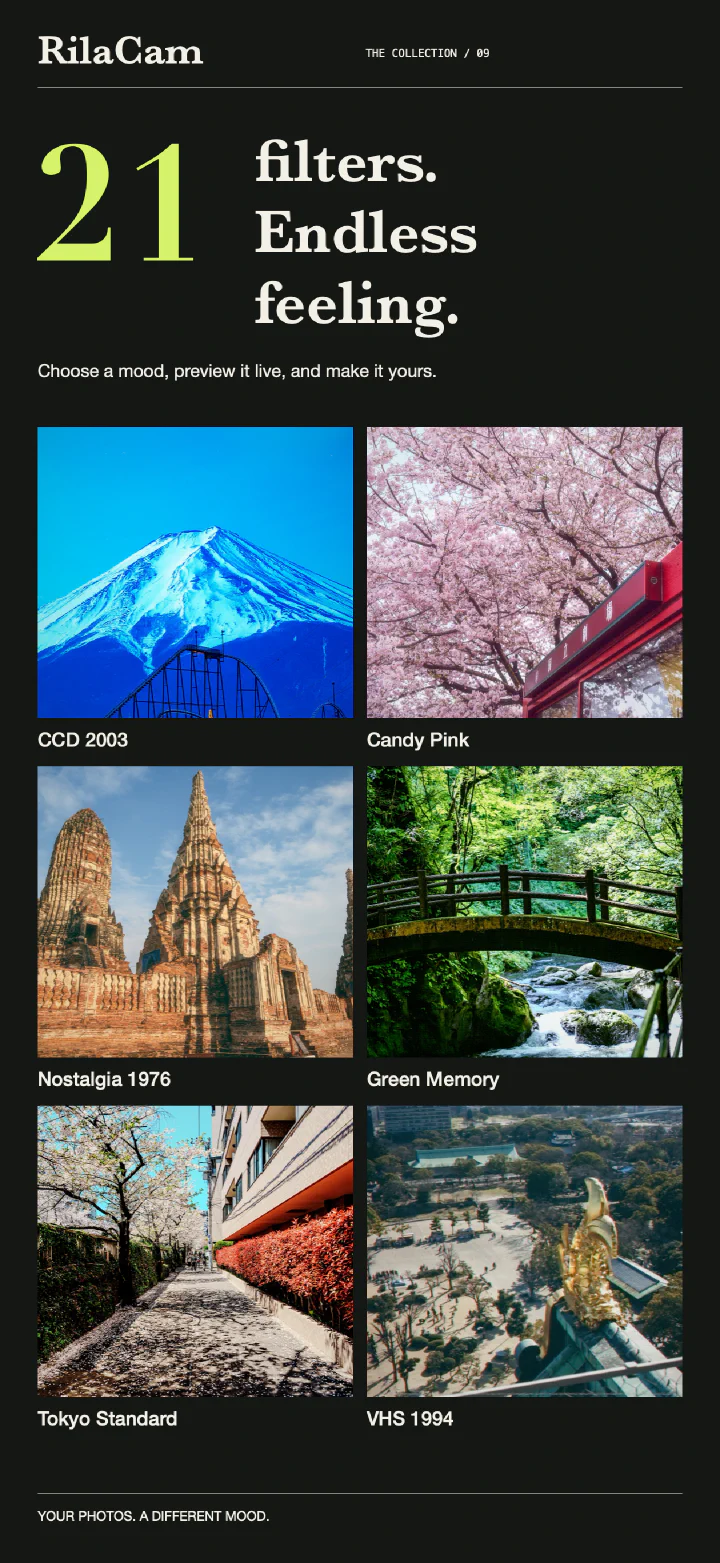 Six of the 21 filters: CCD 2003, Candy Pink, Nostalgia 1976, Green Memory, Tokyo Standard, and VHS 1994